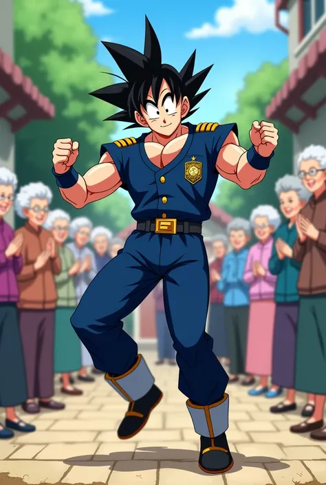 Goku dressed as a policeman dancing for a bunch of old ladies, dbz,anime style

