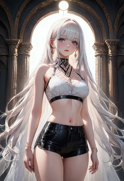 Long smooth straight white hair, white eyes,webbed croptop and short shorts, masterpiece, super detail, best quality, 8k,realistic