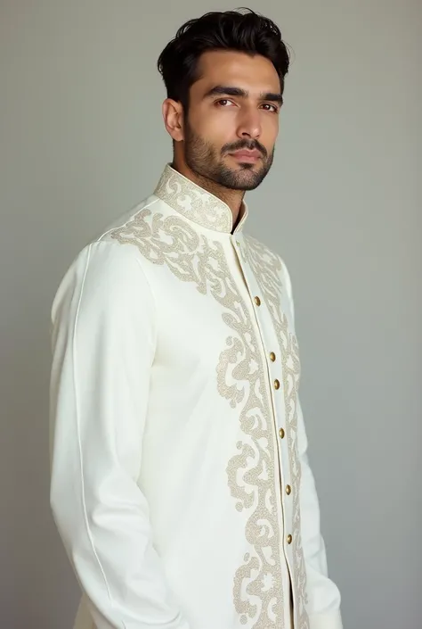 Panjabi is a men dress in india and Bangladesh.  Please make a pic of  handsome male model wearing a white punjabi with calligraphy design on it