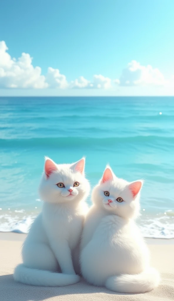 Create a peaceful 4K image of a big white cat and a little white cat sitting on the edge of a tranquil beach, watching the calm waves of the sea under a bright blue sky. The cats are relaxed and close together, showing their happy companionship.