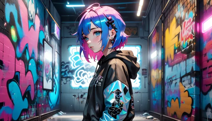 a girl with brightly colored hair (blue), leather clothes and a sweatshirt, piercings, in a dystopian environment full of graffi...