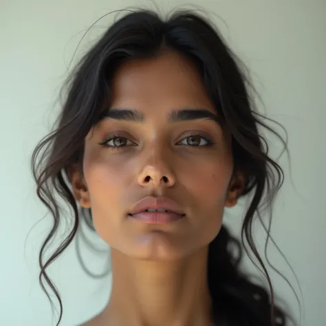  Minimalist Indian woman portrait, clean background, simple composition, natural beauty, soft shadows, portrait photography