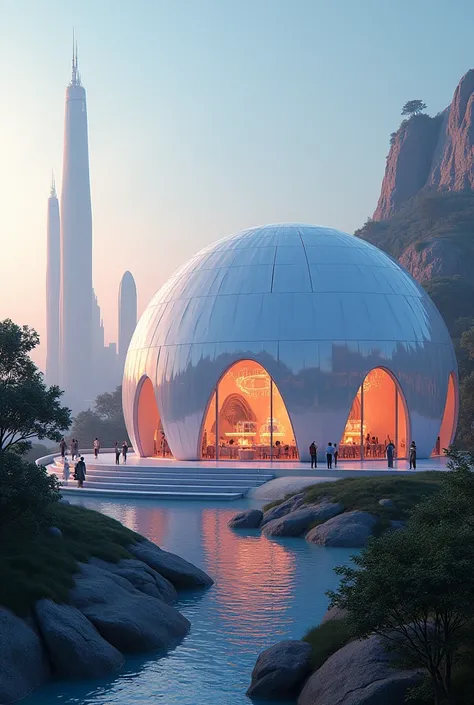 illustrate me a futuristic dome-shaped place to have a big party seen from the outside