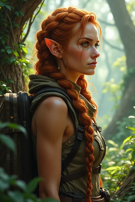 Drawing of an adult explorer female Wood Elf, with masculine appearance, copper colored braided hair, clear eyes and tanned skin, freckles on the nose. looking at one side in the woods