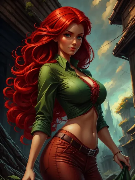 a close up of a woman with red hair and a green blouse, red-haired goddess, arte pin-up, by Eddie Mendoza, artgerm and lois van baarle, arte do personagem Charlie Bowater, style of charlie bowater, red-haired girl, Charlie Bowater rich, deep colors, by Ric...