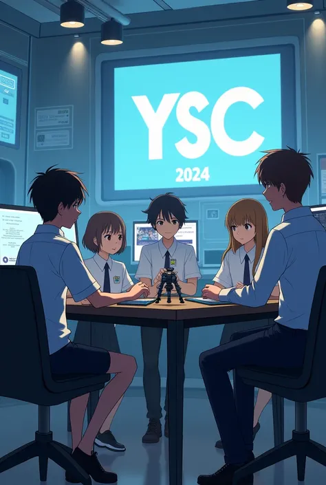 Depicts students in neat clothes, tie is discussing making a robot, There is a computer, there is a table, there is a chair, there is a big screen in the computer room and there is YSC 2024 written on it.