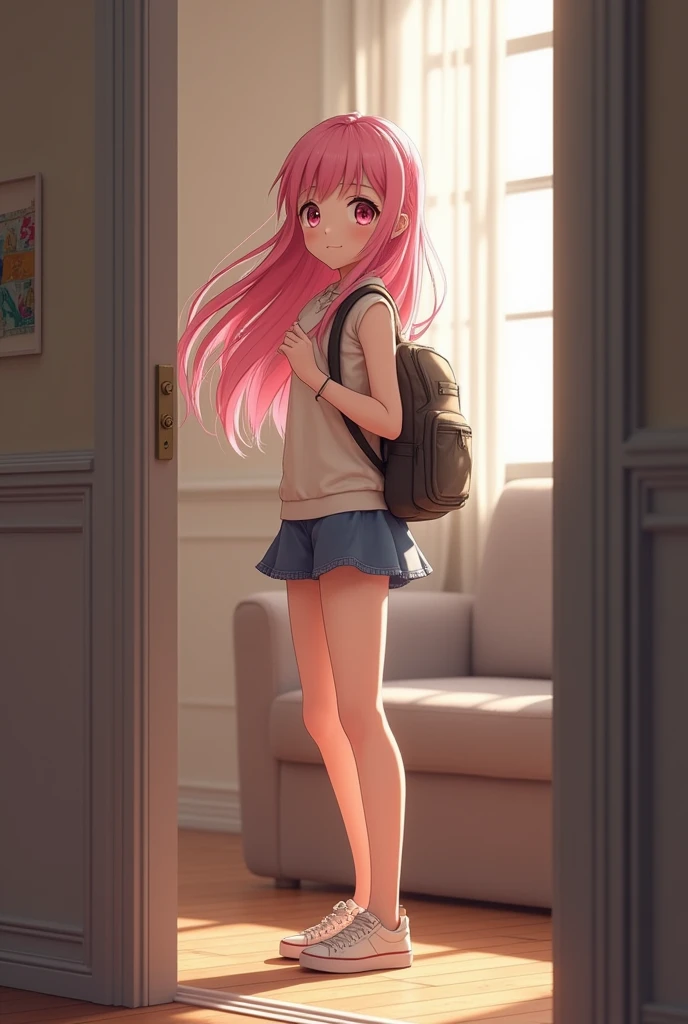 4d Anime girl with pink hair and backpack in the corner of the living room, anime girl in real life, hyperrealistic anime, photorealistic anime, realistic 4d anime style, realistic anime style, realistic 4d anime, photorealistic anime girl render, anime re...