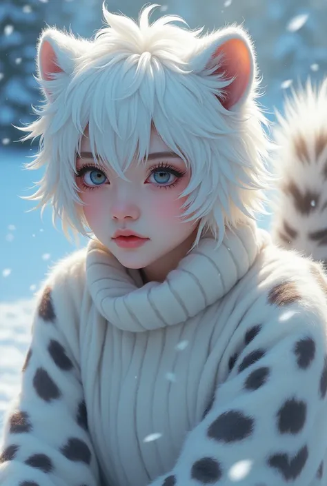 park jimin from bts, with white hair, with snow leopard ears and tail