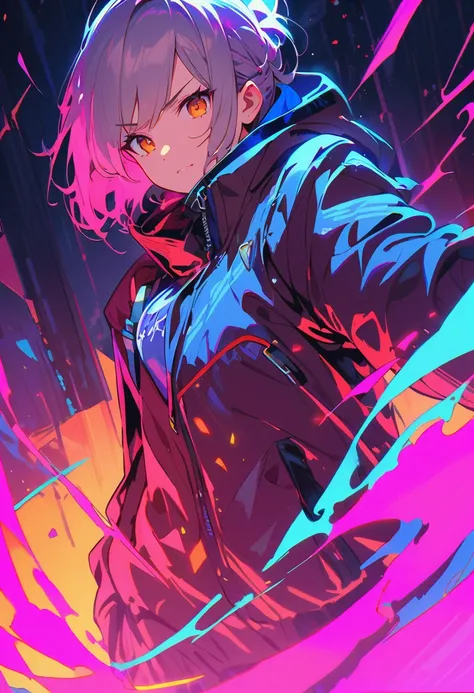 (best quality), (ultrafein), (​masterpiece), Illustration, (an adult woman), Streetwear,cyberpunk, （cyberpunk，Streetwear-Costume), (( stands infront the viewer, puts her hands inside jacket-pocket, lookd down to the ground )),  ((half-up, half-down style-h...