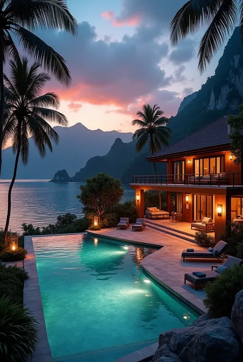 (photorealism:1.2), beautiful a beach villa on an island with palm trees a swimming pool with sunset at dusk street lamps and candle a mountain background a realistic waterfall, 8k