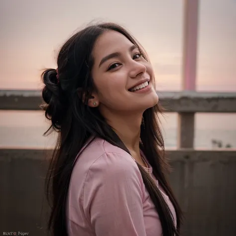  (RAW photo: 1.2), (Real photo), (Real photo: profile pic), 1 girl、smile, happy, longye hair, Bblack hair, high qualiy, aretes, blushful, simple background, pink blouse, breastsout, looking at camera