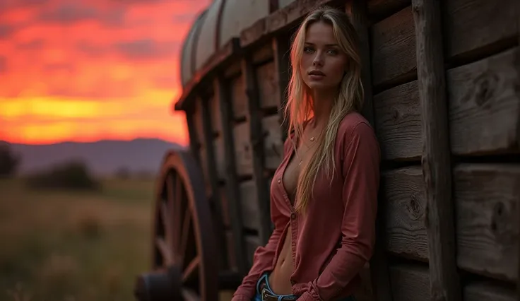 full shot, full body portrait, 1 beautiful blonde woman, 5,she is a men&#39;s magazine model, flirt with the camera, Leaning against an old wooden wagon on a Montana ranch, wearing shorts and ((fully unbuttoned western shirt)), without hat, long loose hair...