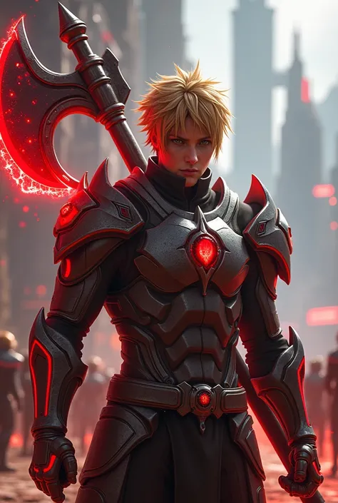 Jaune Arc from RWBY reimagined as a futuristic gladiator wielding a fiendish battle axe with a blade of red energy 