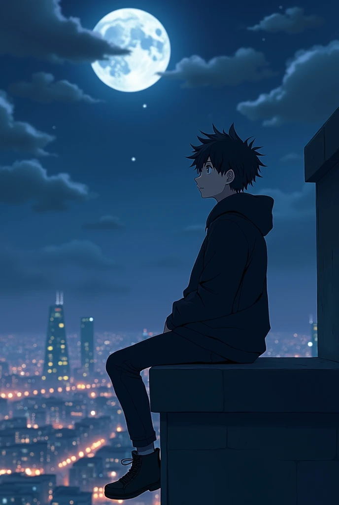 A anime boy seating on a building watching moon wearing black hoddie more creative 