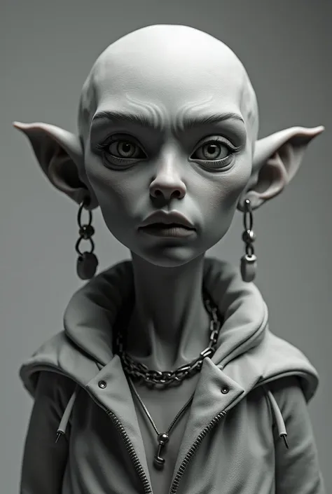 Sculpture, ambient occulusion render, zbrush, 3d model character, no color, elf, cool face, cool, realistic, many details in model, grey background, cool pose, many details (Wrinkles, accessories, earings, chains…)