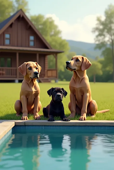 A two-story wooden chalet with a rectangular outdoor swimming pool in a grassy field, front view of two adult light brown Weimaraners sitting on the ground in the middle of the two Weimaraners is lying a 3-month-old black Caner Corso puppy looking at somet...