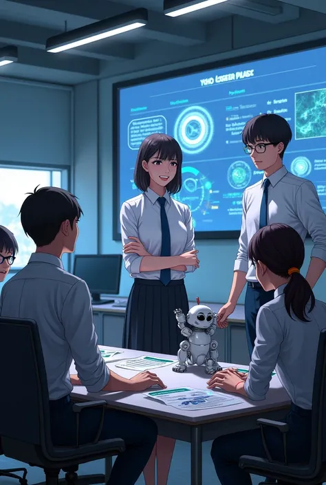 Depicts many students in neat clothes, tie is discussing making a robot, There is a computer, there is a table, there is a big screen in the room full of AI and planetary intelligence and there is YSC 2024 Writing.