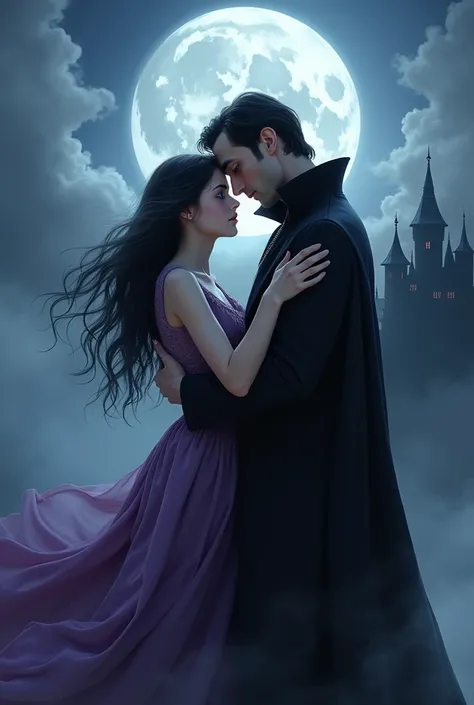 Image of a girl with black hair and blue eyes, soft skin and small hands, with their purple dresses, hugging Dracula from behind, with the background full of clouds and a moon in the middle, and a castle behind them 