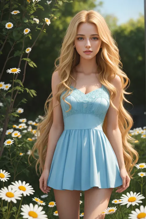 Masterpiece, Young Beautiful Girl has long blonde hair and brown eyes, 1girl, AS-Adult, long-haired, blonde hair, wavy hair, medium-breasts. Wavy hair. Brown eyes, no bangs, symmetrical face. She wears a sky blue short dress. Beautiful legs. (Best Illustra...