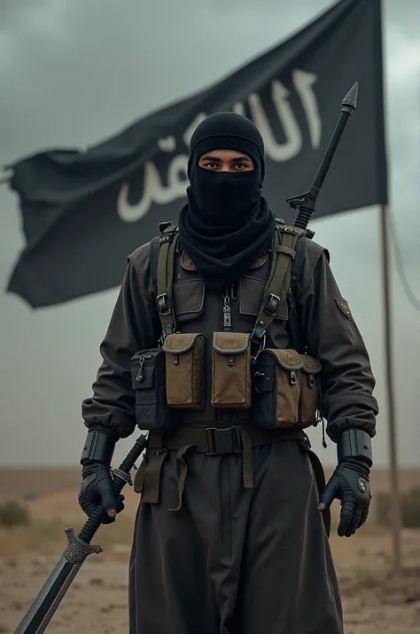 A jihadi carrying sword with a black flag behind