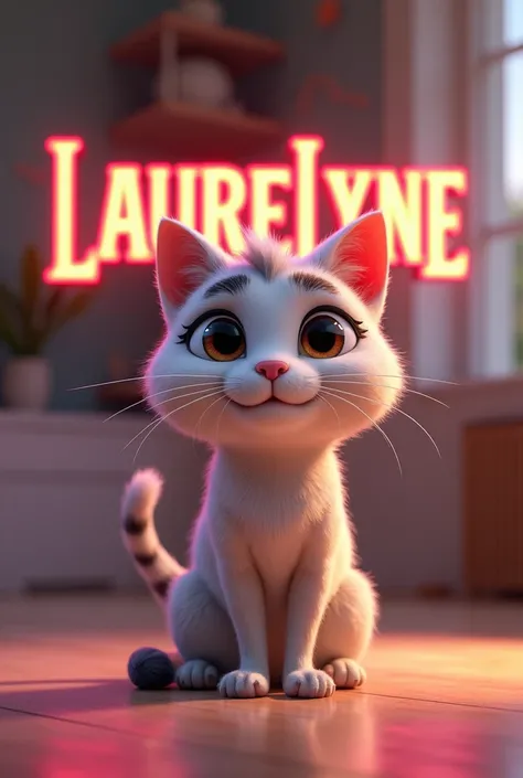 dans le univers de films Gabby chat le personnage principal de dessins animé réaliste et détaillée avec en premier plan le phrasé LAURELYNE marqué dans bonne l’ordre en majuscules en grosses lettres lumineuses en 3D