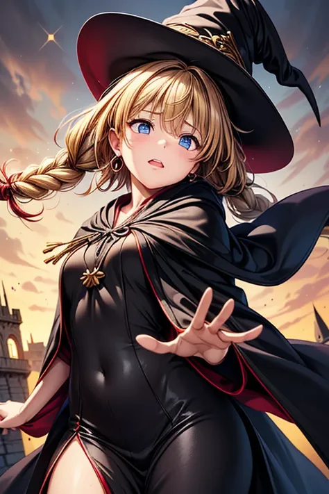 Girl posing for photo, animeのcute少女, ((One Girl)), ((Baby Face:1.3)) + ((cute:1.3)), 
BREAK 

((Shiny black wizard robes:1.5)) + ((Witch Hat)) + (Long dress),  
((Red earrings)),     
BREAK 

(Blonde:1.2), (Very long side banks:1.4), ((Twin tails) : Volumi...