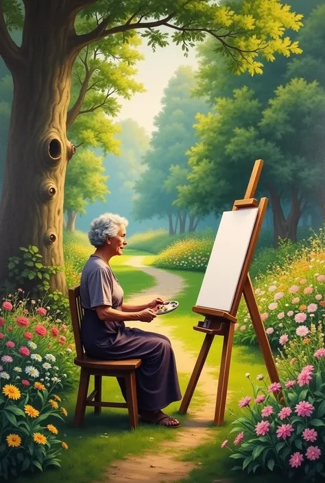 Painting in the garden by the old woman 
