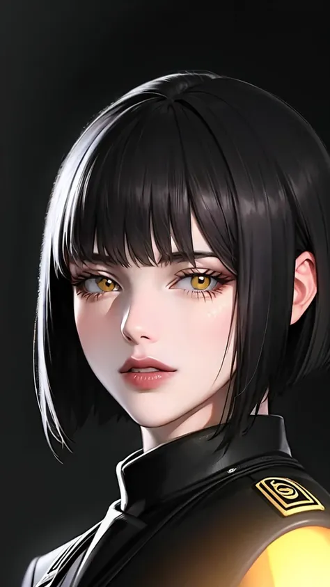 a girl in a black military uniform, portrait, blurry, character design, (best quality,4k,8k,highres,masterpiece:1.2),ultra-detailed,(realistic,photorealistic,photo-realistic:1.37), 1girl, teresa alter, manhwa, villainy, yellow eyes, bangs, blunt bangs, bob...