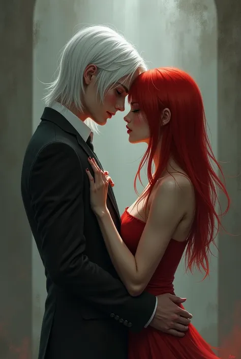 Make me the cover of a book about a forbidden gay love,that one has medium-long hair like at the shoulder,tall and straight white hair ,and the other long red straight hair,and a little lower than the other


