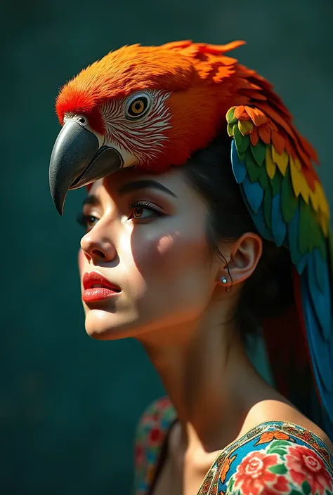 (photorealism:1.2), beautiful  portrait, shes looking at teh camera but loking on her side, her face has light and on the other side has shadows, on top of her haid she´s holding a toy, that toy is a parrots head, it has lots of vibrant colors, it looks as...