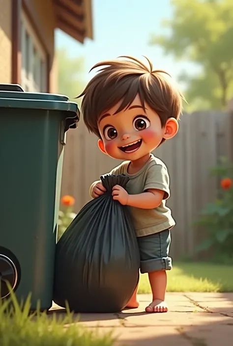 Create a child putting the garbage bag in the trash can