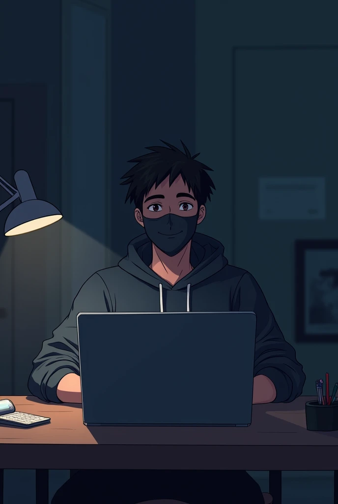 Generate an image of an anime-style, friendly looking, male business character of ambiguous descent, wearing a black face mask, hoodie. He is sitting behind his laptop in his studio, his arms resting on his desk, front-facing to the camera. The time is nig...