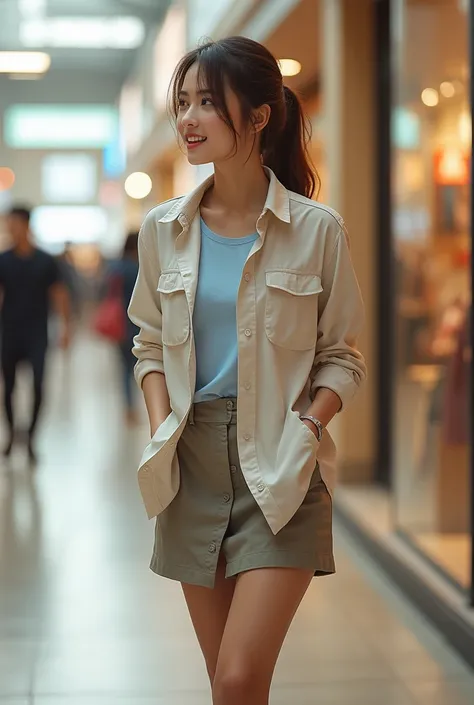 Highest quality, Realistic, Very detailed, finely, High resolution, 8k wallpaper, 1 beautiful woman in the Japan,, Light brown messy hair, Wear a dress shirt,Light blue inner shirt、Wearing a slit skirt、 Sharp focus, Perfect dynamic composition, finelyて美しい目...