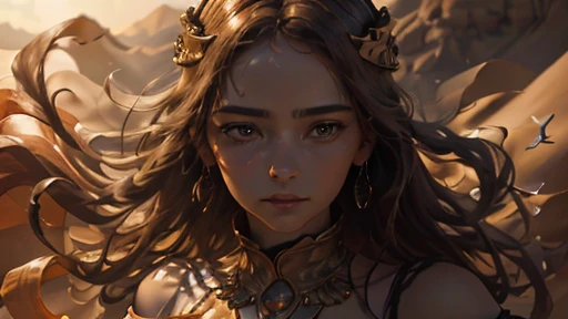 1girl, beautiful young woman, gracefully standing, middle of vast desert, flowing dress billowing in wind, golden sunlight, warm glow on face, striking features, sand dunes stretch out endlessly, sense of tranquility and solitude, realistic painting style,...