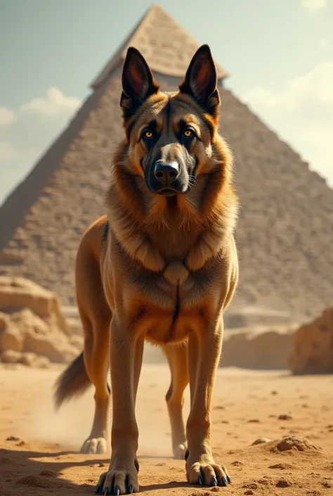 An Egyptian dog,in front of a pyramid,aggressive, hyperrealistic