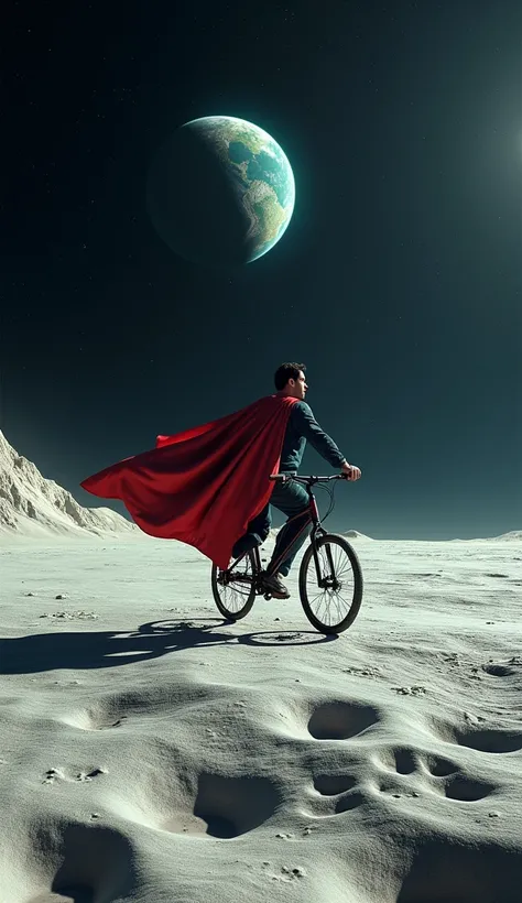 Superman riding bicycle on moon , wide view 