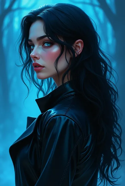 realistic drawing, an extremely beautiful woman, with long jet black hair, very blue eyes, bushy eyebrows, marked jaw, Small and thin nose, full lips, radiates sensuality in the look, dressed in a black leather coat tied, Profile, magic blue background 