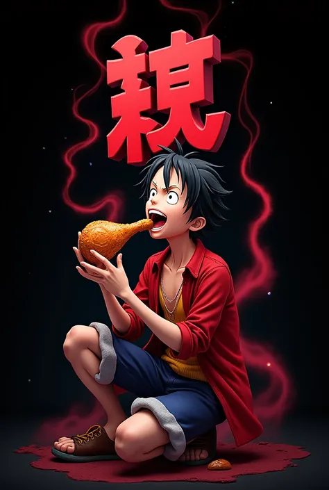 créer une image avec luffy de lanimé one piece à gauche de limage, prénom "CAROL" ecrit en style japonais en lettres 3d, ecrit en vertical. De la fumnee éparse rouge autour du prenom. Le personnage mange une cuisse de poulet à pleine bouche en la tenant pa...