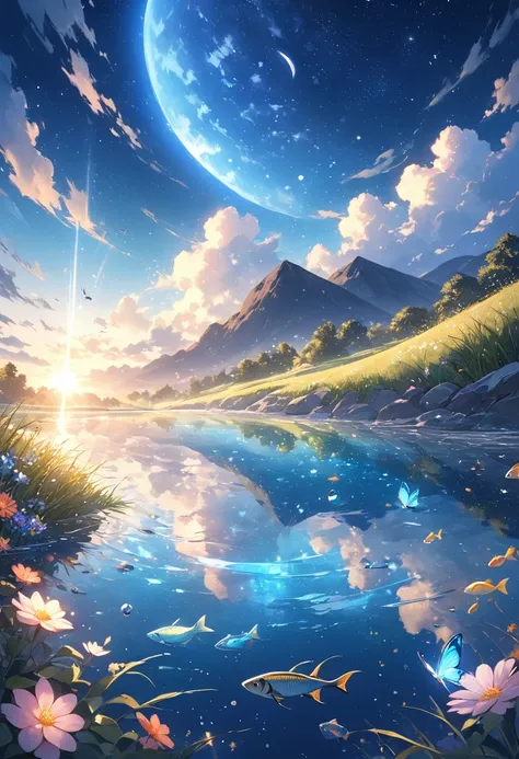 beautiful scenery of the grassland, calm, Generate an image of a beautiful and serene scene, with colorful flowers, gentle streams, and the sounds of nature. Show the tranquility, the life, shining stars, moon, night , and the beauty of a perfect night., b...