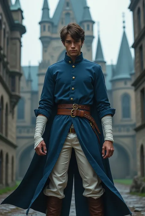 Make a young man with brown hair, a long blue suit, leather belt, white bandages on the wrists of the hands, white pants, Long leather boots in defensive position outside a gothic castle. 