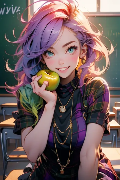 Perfect face. Perfect hands. A light purple haired woman with green eyes with an hourglass figure in a purple plaid dress is eating an apple in the classroom with a big smile