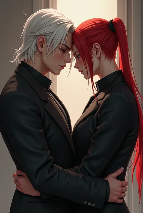 Make me the cover of a book about a forbidden gay love,that is, two men,both must be men mandatory ,that one has medium-length hair, like shoulder-length ,tall and straight white hair ,and the other straight red hair with a ponytail ,medium-long hair and a...