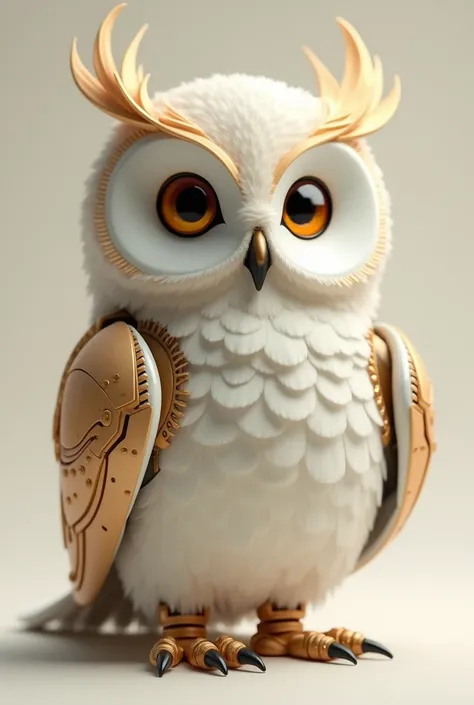  A very realistic photo of a robot owl, color white and gold, creating a peaceful , human cute style, No Background