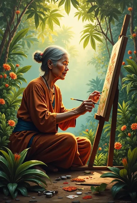 Painting in the garden by the old indonesian woman in 1990



