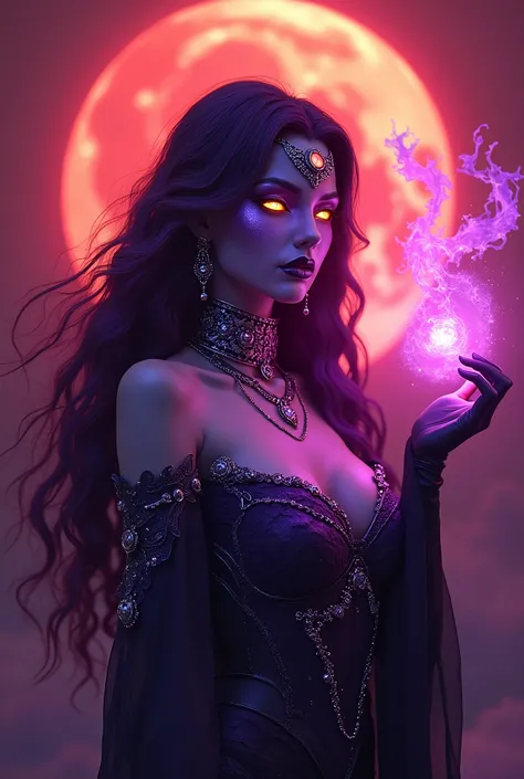 (best quality,4k,8k,highres,masterpiece:1.2),ultra-detailed,(Ultra-realistic, photorealistic,photo-realistic:1.37), Purple female Necromancer, beautiful, Blood Moon, Ray Tracing, highest quality, super high quality, Absurd detailed, best Light, Best Shadow...