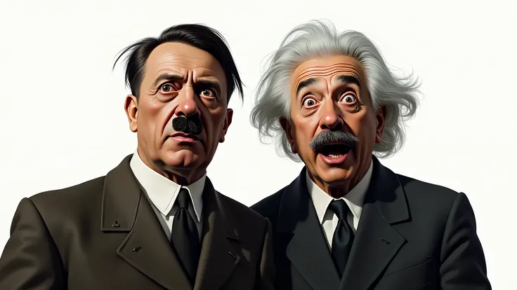 /imagine prompt: A hyper-realistic digital painting of Adolf Hitler and Albert Einstein standing side by side, both with shocked expressions on their faces. Einsteins iconic wild hair contrasts with Hitlers stern appearance, their eyes wide in disbelief. T...