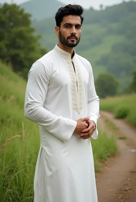 Punjabi is a traditional dress in india and Bangladesh. Please generate a pic of handsome male model wearing plain white panjabi nature background 