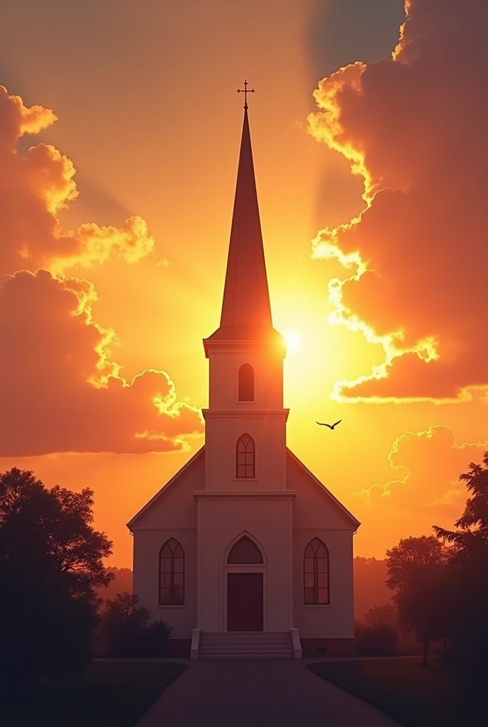 A picture of a church building or steeple with a sunrise or sunset background, symbolizing hope and new beginnings
