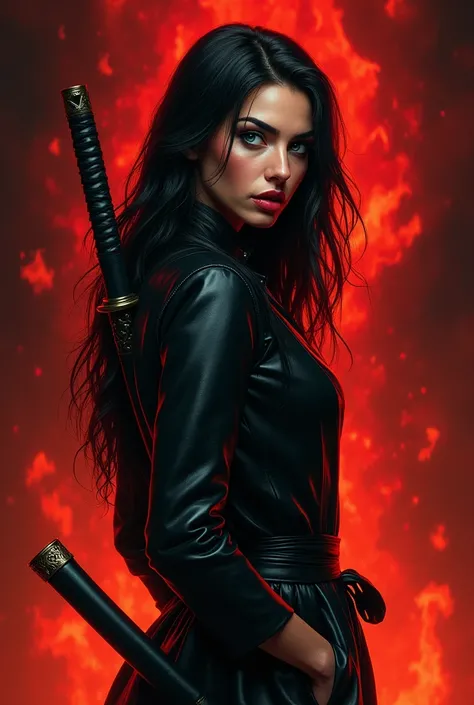 realistic drawing, an extremely beautiful woman, with long jet black hair, very blue eyes, bushy eyebrows, marked jaw, Small and thin nose, full lips, radiates sensuality in the look, dressed in a black leather coat tied, with a katana on his back, Profile...