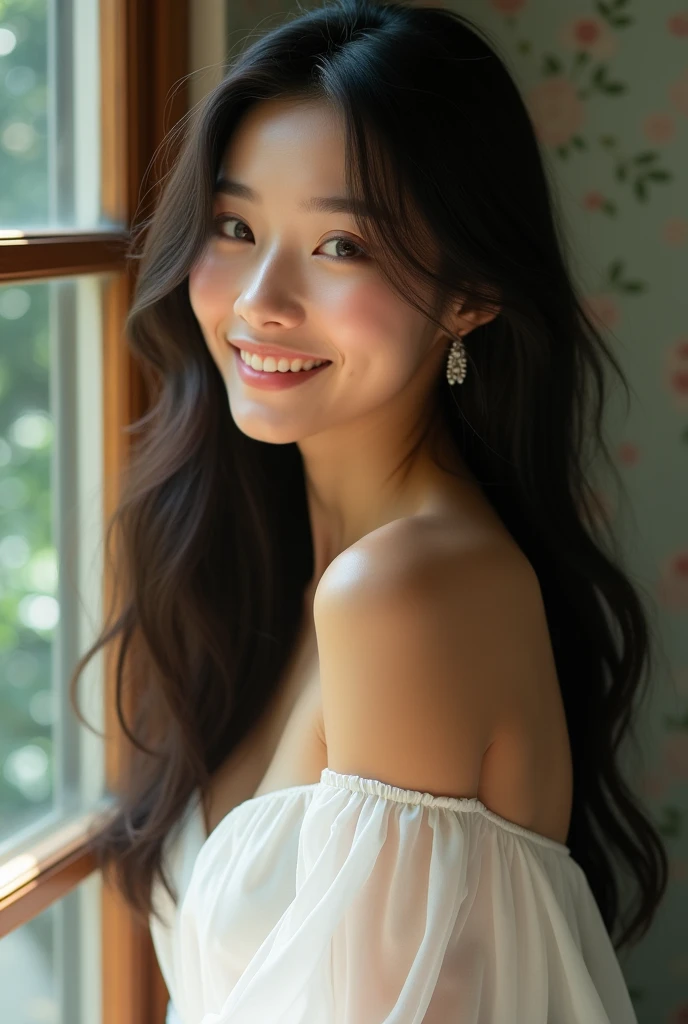 Asian girl in 3, tanned skin in white dress, sweet smile in long hair, left profile picture looks real, doesn’t looks at camera